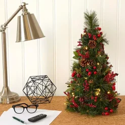 Hot 2 ft. Lit Mixed Pine and Berries Christmas Tree Christmas Arrangements & Garland