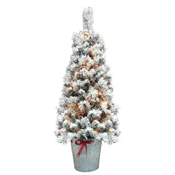 Clearance 4 ft. Pre-Lit Flocked Pine Tree in Metal Pot Christmas Arrangements & Garland