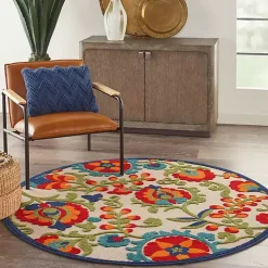 Kirklands Home Outdoor Rugs|Abstract Floral Outdoor Round Area Rug, 5 ft. Multi