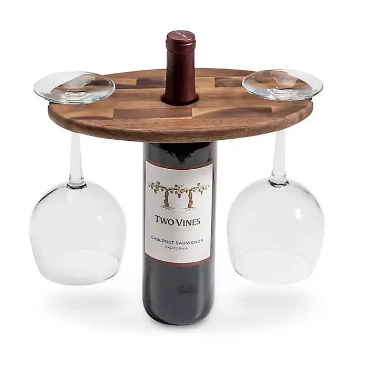 Kirklands Home Barware|Acacia Wood Wine Bottle and Glass Caddy Brown