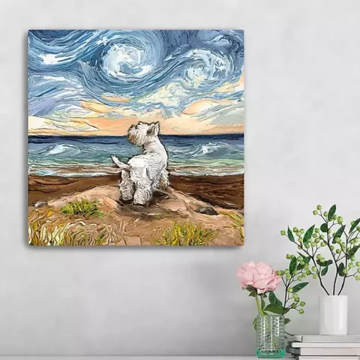 Kirklands Home Canvas Art|Aja Trier Westie Starry Beach Canvas Art Print
