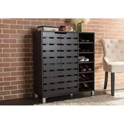 Kirklands Home Entryway Furniture|Aldrich Black Slatted Shoe Storage Cabinet
