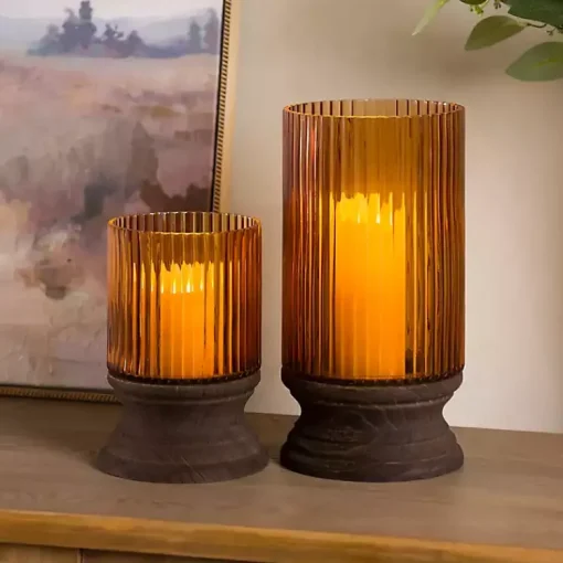 Amber Glass and Wood Hurricane, 13 in. Candle Holders