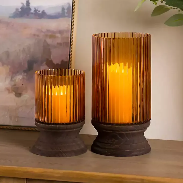 Amber Glass and Wood Hurricane, 13 in. Candle Holders