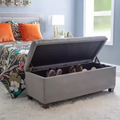 Kirklands Home Entryway Furniture|Amelia Tufted Shoe Storage Ottoman Bench Gray