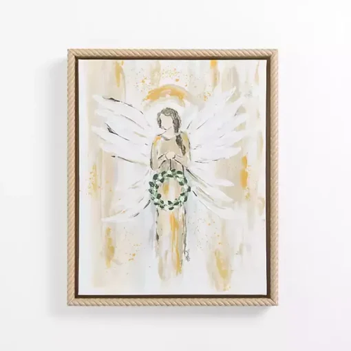 Kirklands Home Canvas Art|Angel Holding Wreath Framed Canvas Art Print White