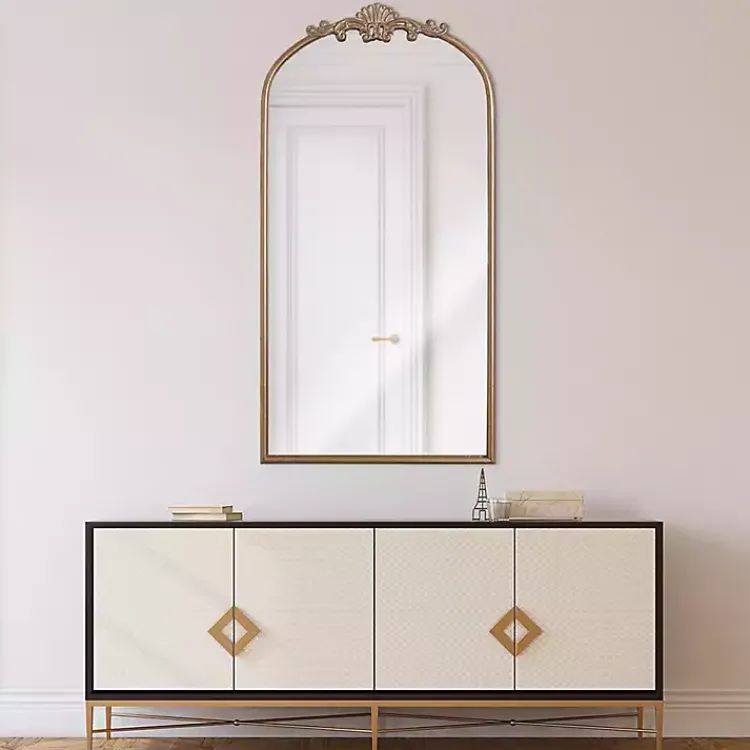 Kirklands Home Decorative Mirrors|Antique Gold Metal Ornate Arch Wall Mirror