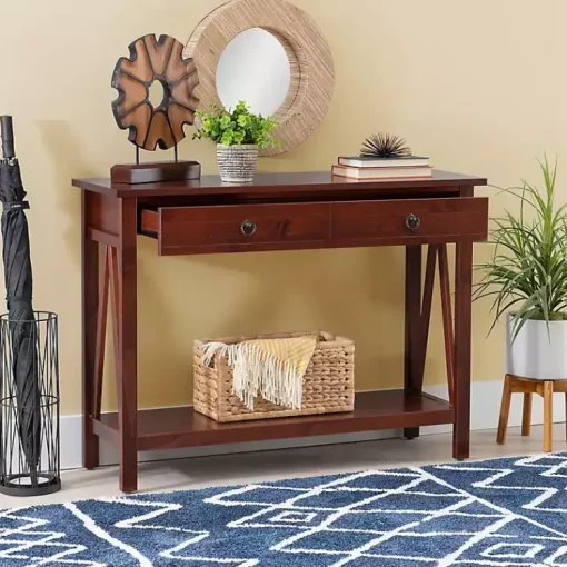 Kirklands Home Console Tables|Antique Tobacco Console Table with Bottom Shelf