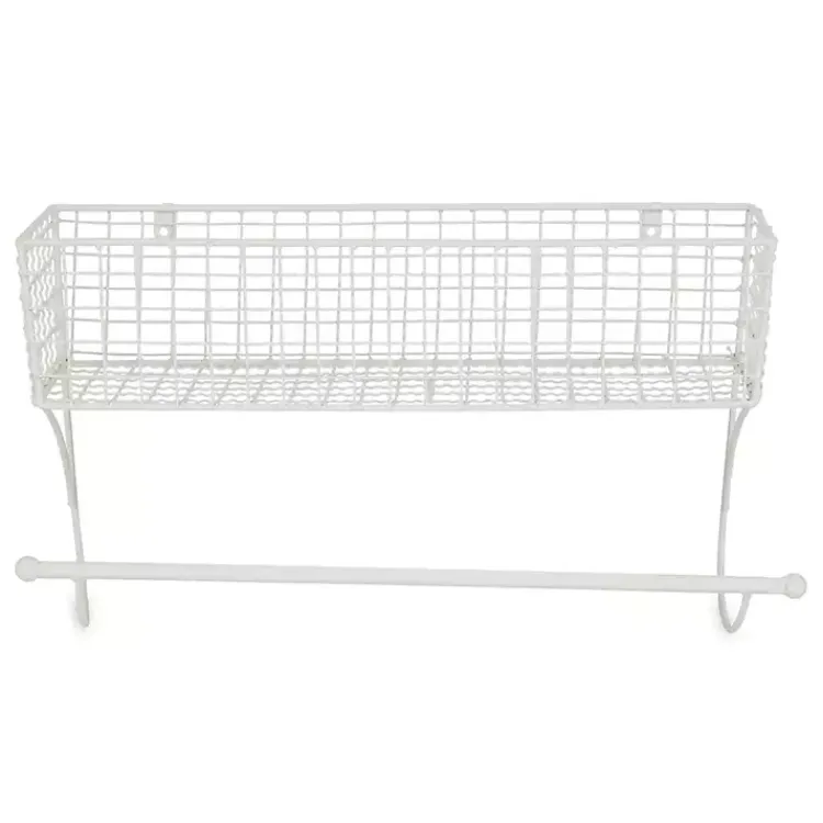 Kirklands Home Wall Storage|Antique White Wire Basket Towel Rack, 17 in.
