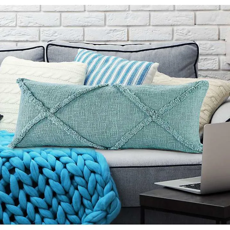 Clearance Aqua Fringe Diamond Lumbar Pillow Pillows