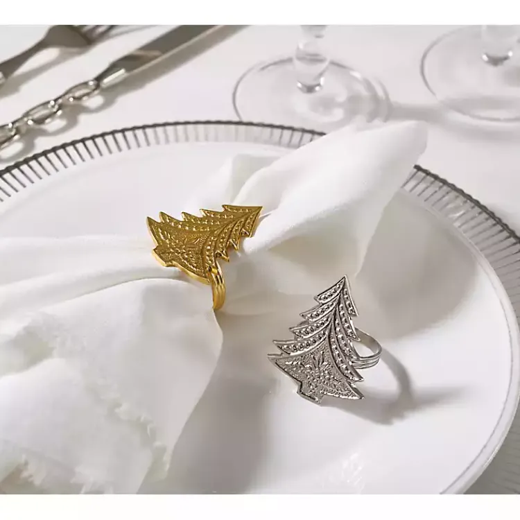 Kirklands Home Table Linens|Art Deco Christmas Tree Napkin Rings, Set of 4 Silver