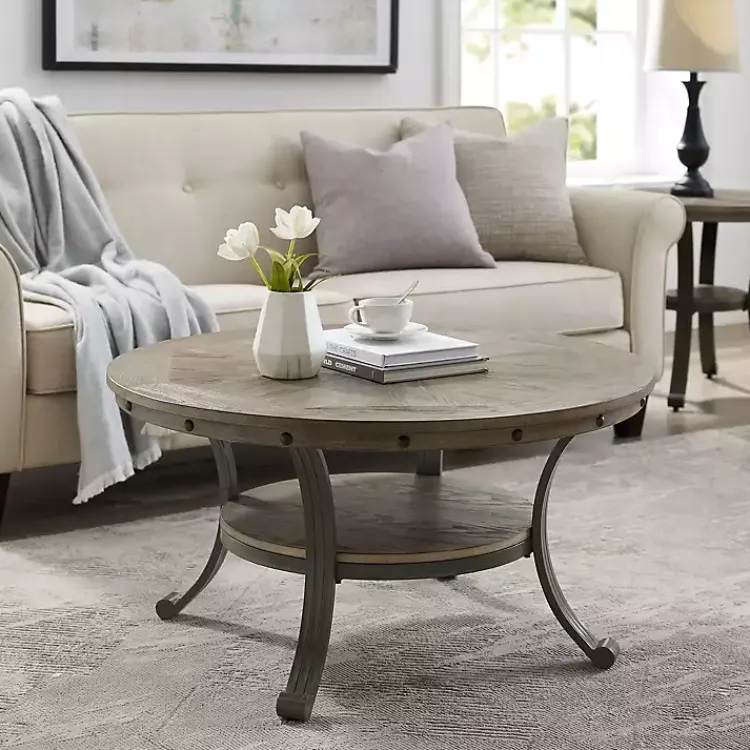 Kirklands Home Coffee Tables|Ash Round Nailhead Coffee Table Gray