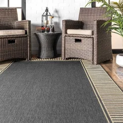 Kirklands Home Outdoor Rugs|Asia Gray Stripe Border Outdoor Rug, 8x10