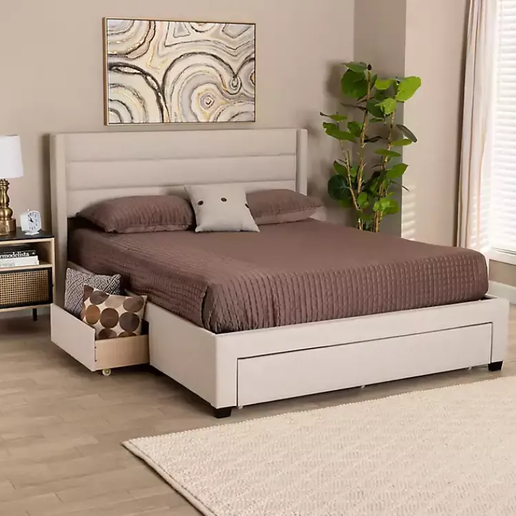 Kirklands Home Beds & Headboards|Beige Braylon Upholstered 3-Drawer Queen Bed Tan