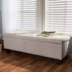 Kirklands Home Benches & Ottomans|Beige Button-Tufted Upholstered Storage Bench Tan