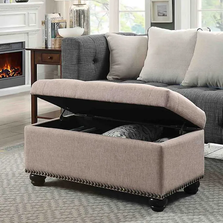 Kirklands Home Benches & Ottomans|Beige Tufted Jess Storage Ottoman Bench Tan