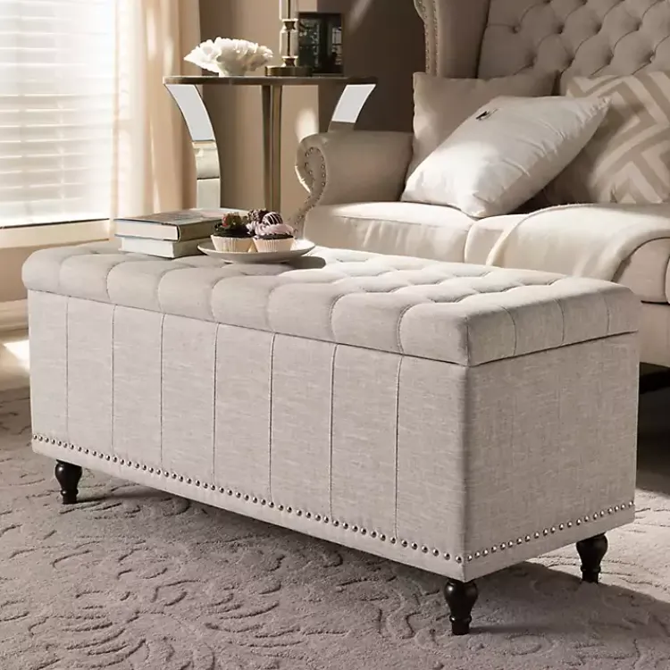 Kirklands Home Benches & Ottomans|Beige Tufted Upholstery Storage Ottoman Tan