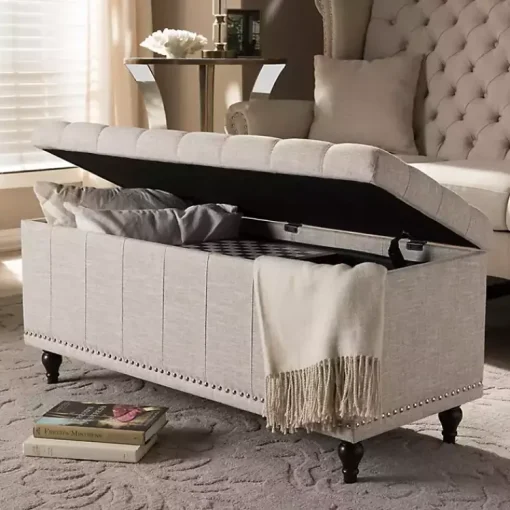 Kirklands Home Benches & Ottomans|Beige Tufted Upholstery Storage Ottoman Tan