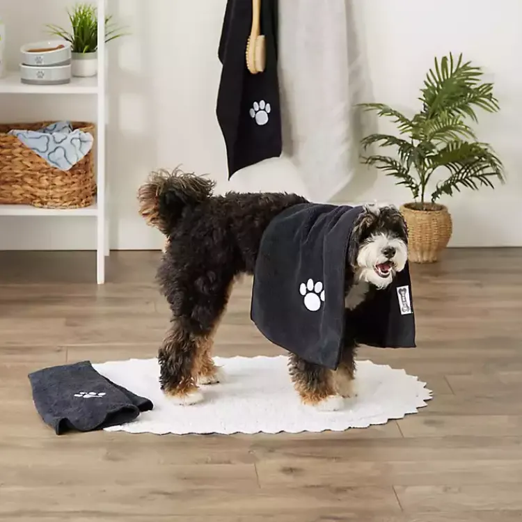 Kirklands Home Pet Dishes & Canisters|Black & White Embroidered Paw Pet Towels, Set of 3