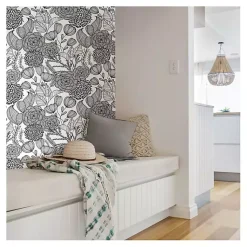Kirklands Home Wall Murals & Wallpaper|& White Floral Garden Peel & Stick Wallpaper Black