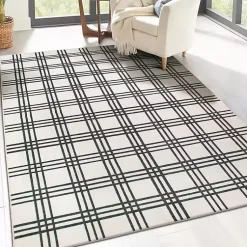 Kirklands Home Area Rugs|Black and Cream Plaid Washable Area Rug, 5x7