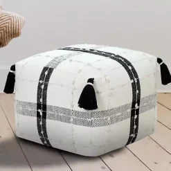 Sale Black and Ivory Textured Plaid Pouf Poufs & Floor Cushions