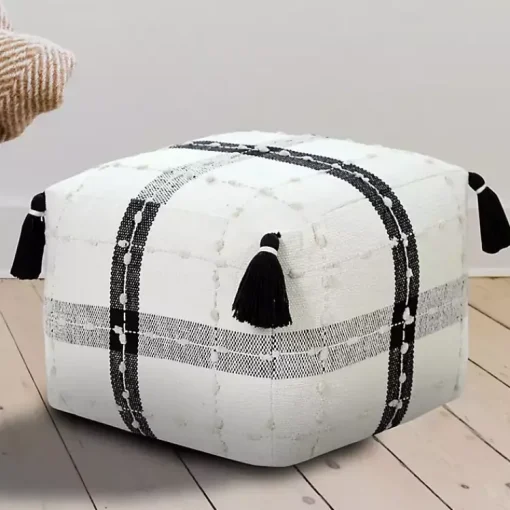 Sale Black and Ivory Textured Plaid Pouf Poufs & Floor Cushions