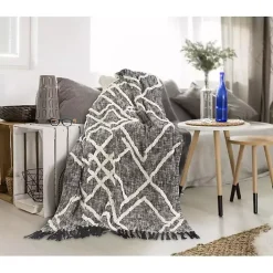 Clearance Black and White Cotton Geometric Tufted Throw Blankets & Throws