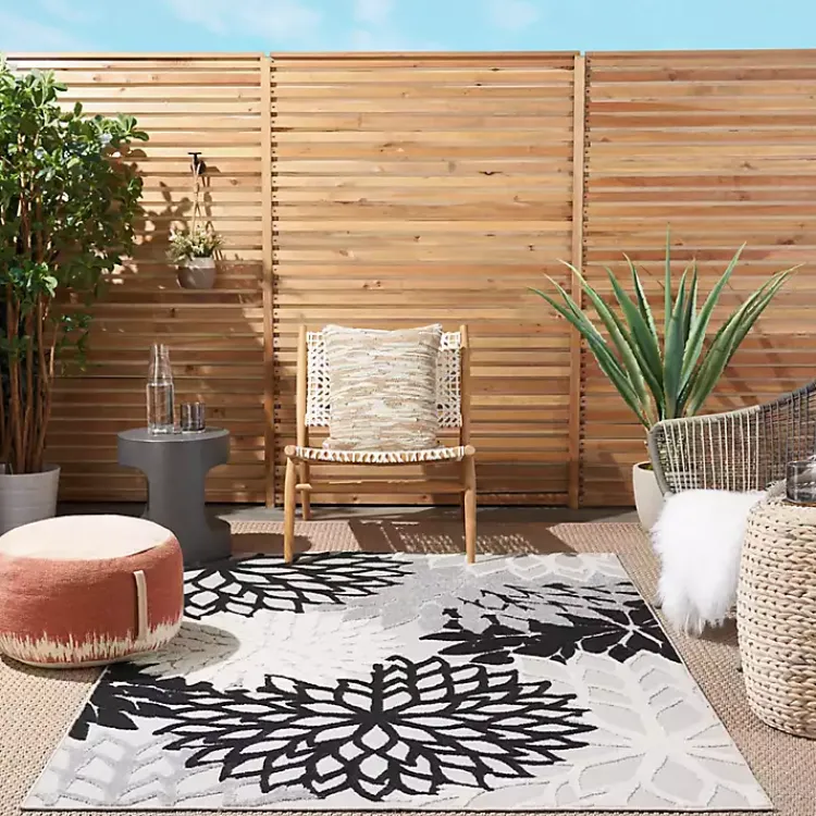 Kirklands Home Outdoor Rugs|Black and White Floral Outdoor Area Rug, 5x7