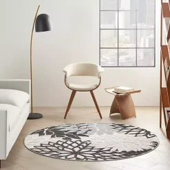 Kirklands Home Outdoor Rugs|Black and White Floral Round Outdoor Area Rug, 5x5