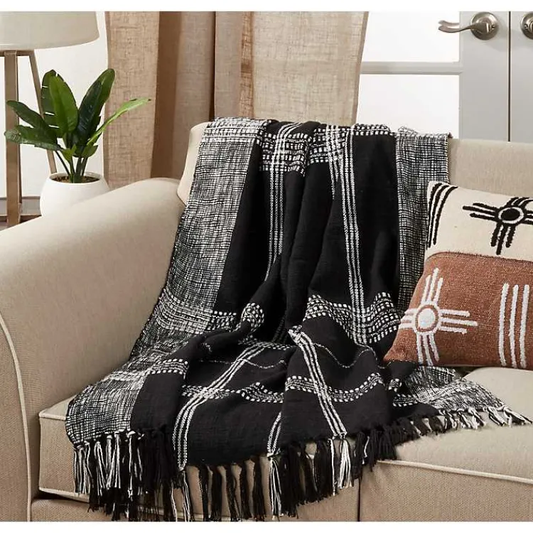 Outlet Black and White Plaid Fringed Throw Blankets & Throws