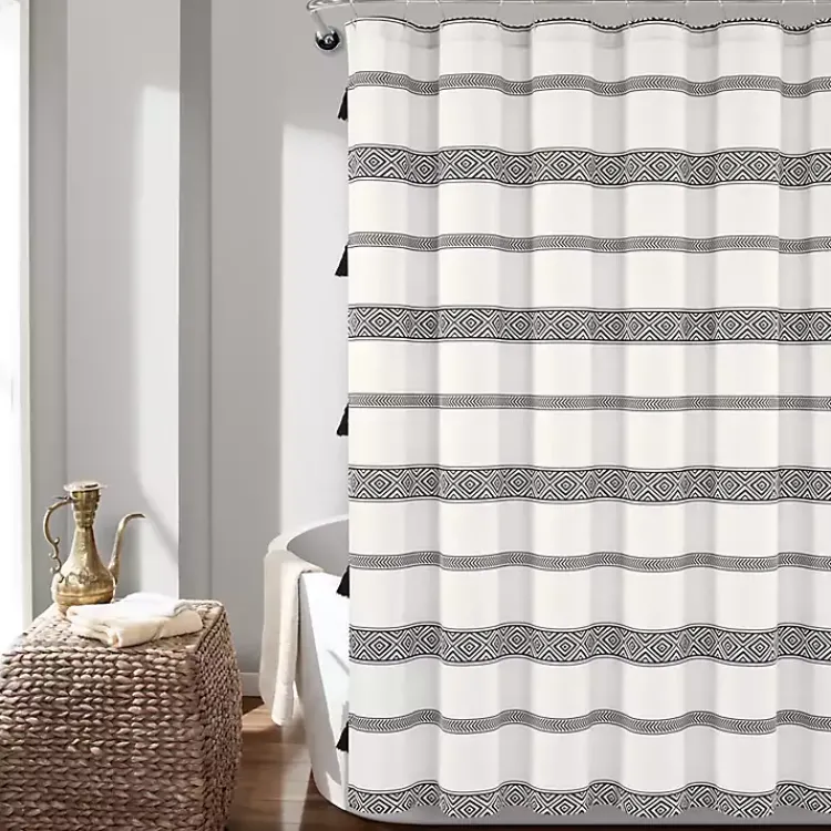 Kirklands Home Shower Curtains|Black and White Striped Boho Shower Curtain