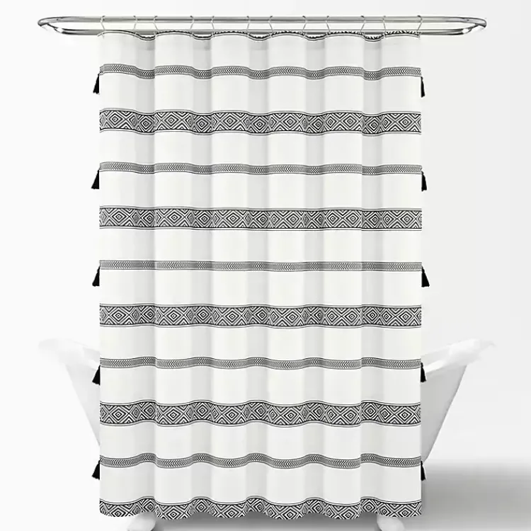 Kirklands Home Shower Curtains|Black and White Striped Boho Shower Curtain