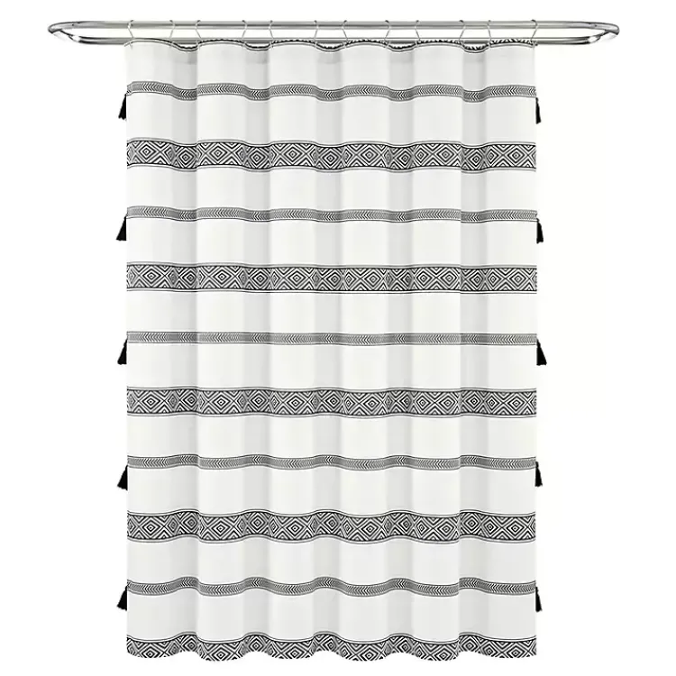 Kirklands Home Shower Curtains|Black and White Striped Boho Shower Curtain