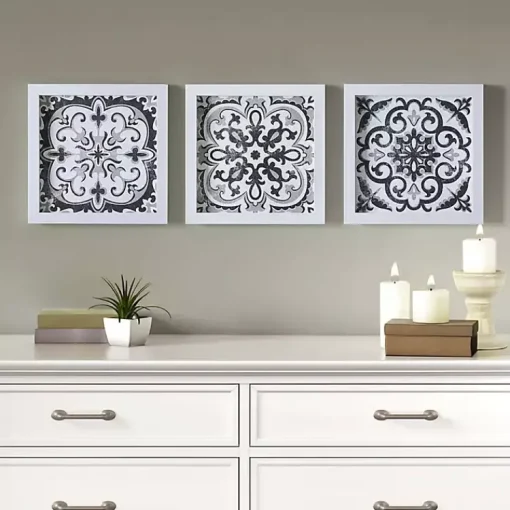 Kirklands Home Framed Art|Black and White Tile Framed Art Prints, Set of 3