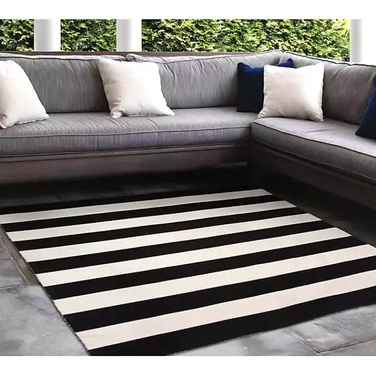 Kirklands Home Outdoor Rugs|Black Cabana Stripe Indoor/Outdoor Area Rug, 8x8