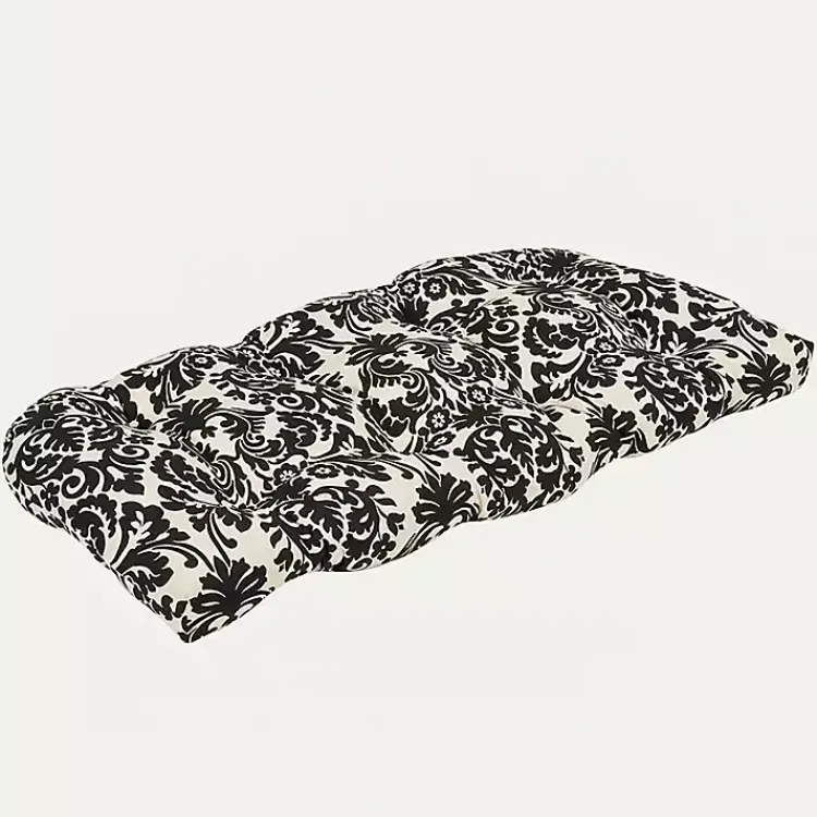 Kirklands Home Outdoor Cushions & Pillows|Black Damask Tufted Outdoor Settee Cushion