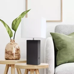 Kirklands Home Table Lamps|Faux Leather Charging Table Lamp Black