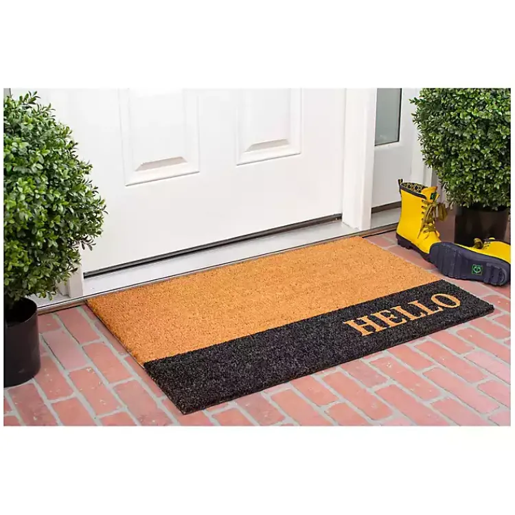 Kirklands Home Doormats|Black Hello Bold Stripe Coir Doormat, 24 in.