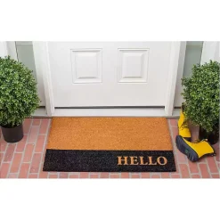 Kirklands Home Doormats|Black Hello Bold Stripe Coir Doormat, 24 in.