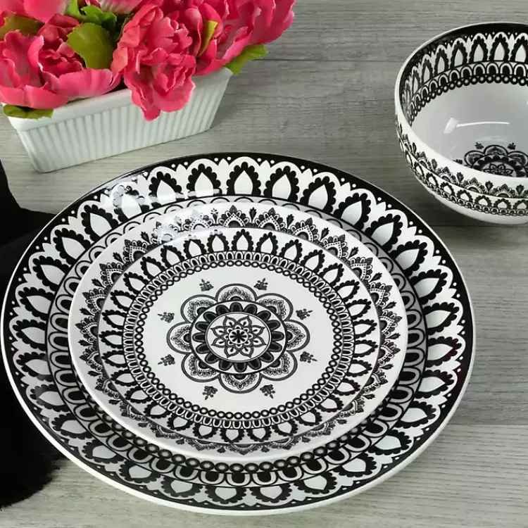 Kirklands Home Dinnerware|Black Lila Patterned 12-pc. Dinnerware Set
