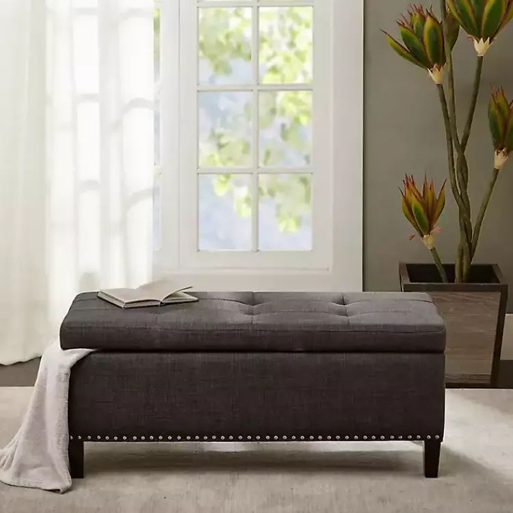 Kirklands Home Benches & Ottomans|Linen Button Tufted Storage Bench Black