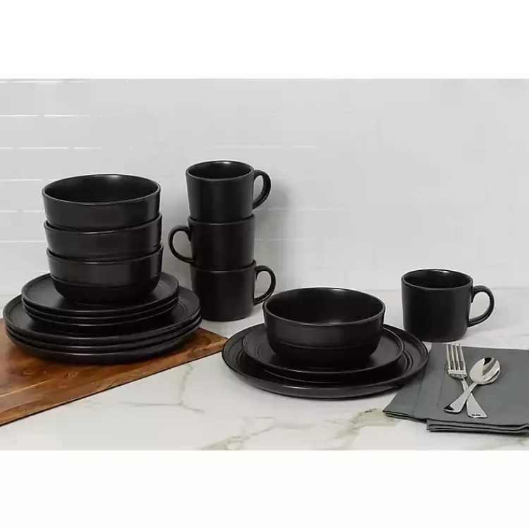Kirklands Home Dinnerware|Matte Double Line 16-pc. Dinnerware Set Black