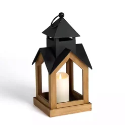 Clearance Black Metal & Natural Wood Steeple Lantern, 17 in. Lanterns