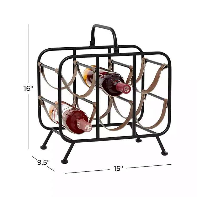 Kirklands Home Barware|Black Metal and Faux Leather Wine Rack