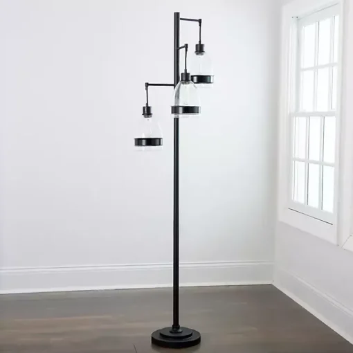 Kirklands Home Floor Lamps|Black Metal and Glass Globe 3-Arm Floor Lamp Clear