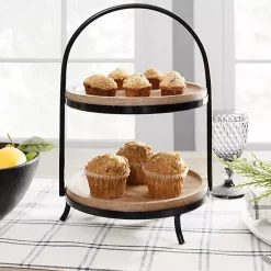 Kirklands Home Serving & Entertaining|Black Metal and Natural Wood 2-Tier Server