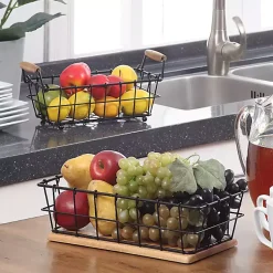 Kirklands Home Kitchen Storage|Black Metal and Wood Stackable Kitchen Baskets