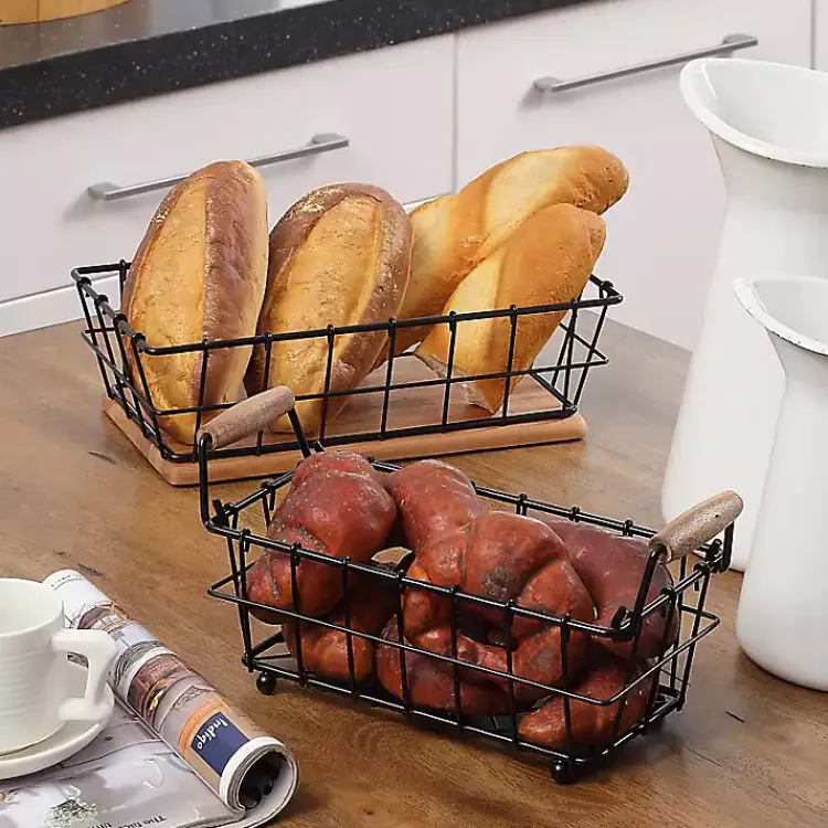 Kirklands Home Kitchen Storage|Black Metal and Wood Stackable Kitchen Baskets