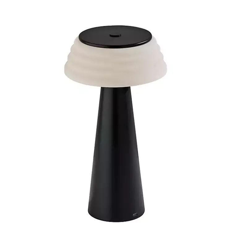 Kirklands Home Outdoor Lighting|Metal Cordless Lamp with White Ribbed Shade Black
